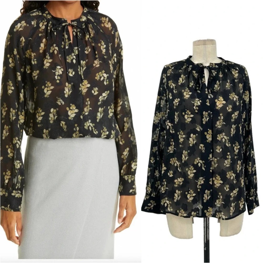Vince Dandelion Poet Blouse Gathered Floral Print Silk Crepon Black Printed Top - Picture 4 of 13